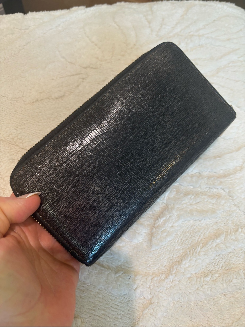 Deux Lux Metallic Black with Gold Textured Zip-Around Wallet - like new